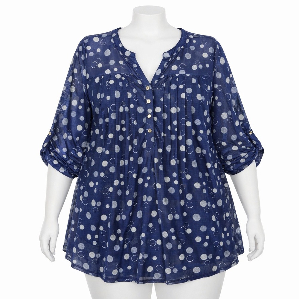 Cocomo Woman Navy‎ Blue Polka Dot Mesh Pleated Roll-Tab Blouse Plus Size 3X